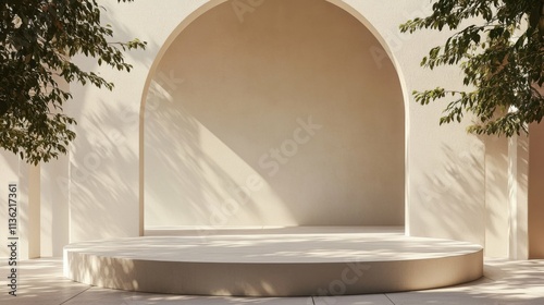 modern white podium with arched background, artistic and minimalistic, focus on clean lines and shadows