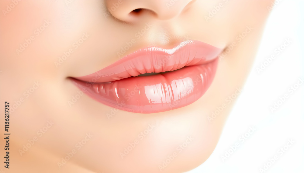 Obraz premium Closeup Shot of Luscious Pink Lips with Glossy Finish, Smooth Skin Texture, Beauty and Cosmetics