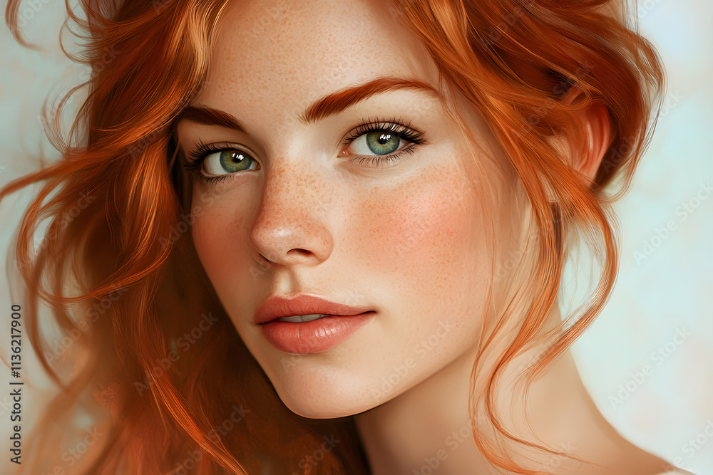 Stunning Portrait of a Young Woman with Red Hair and Freckles, Captured in Soft Light Stunning Portrait of a Young Woman with Red Hair and Freckles, Captured in Soft Light