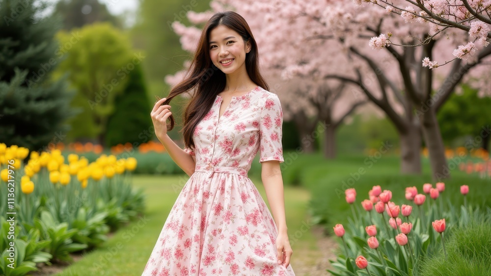 Spring season styles: a fresh collection of floral dresses, light blouses, and pastel skirts, showcased in a blooming garden