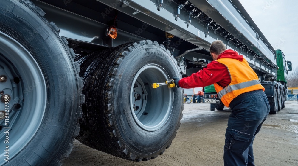 A mechanic using a tool to inspect the suspension system of a large truck, ensuring its safety and performance.