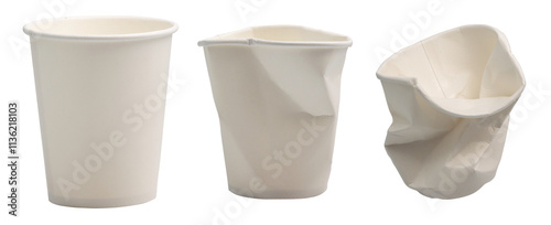 collection of crushed white disposable paper cup isolated clipping path on white background. food container Trash recycle concept.	