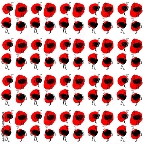 Ostrich Red Circle Pattern: Black and white minimalist ostrich illustration repeated in a seamless pattern with red circles.  A simple. photo