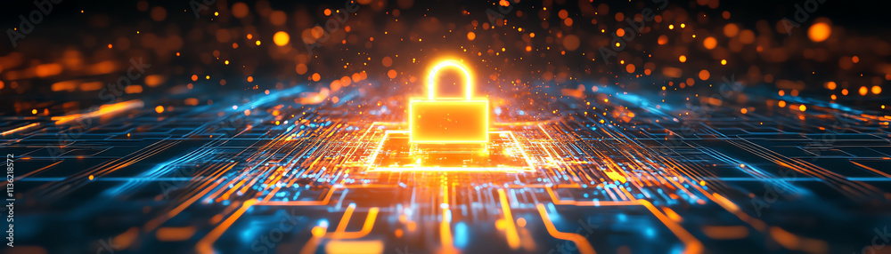 Fototapeta premium Digital padlock symbolizing cybersecurity and data protection in the tech landscape.