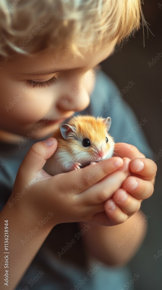 little boy holding a tiny hamster in his hands, gentle and tender moment, focus on care and compassion little boy holding a tiny hamster in his hands, gentle and tender moment, focus on care and compassion