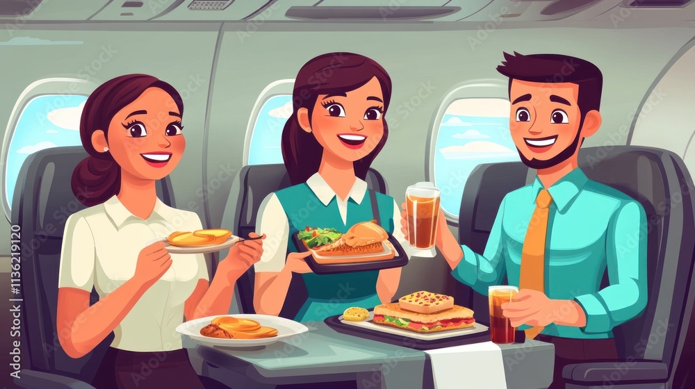 Happy passengers enjoying in-flight meal service. Happy passengers enjoying in-flight meal service.