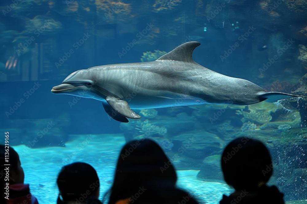 Fototapeta premium Children captivated by a dolphin swimming gracefully in a clear blue aquarium environment.