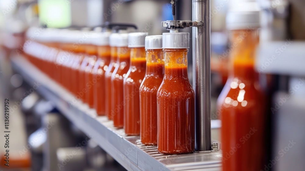 A sauce production line factory with automated systems mixing ingredients, filling bottles, and sealing packages. A sauce production line factory with automated systems mixing ingredients, filling bottles, and sealing packages.