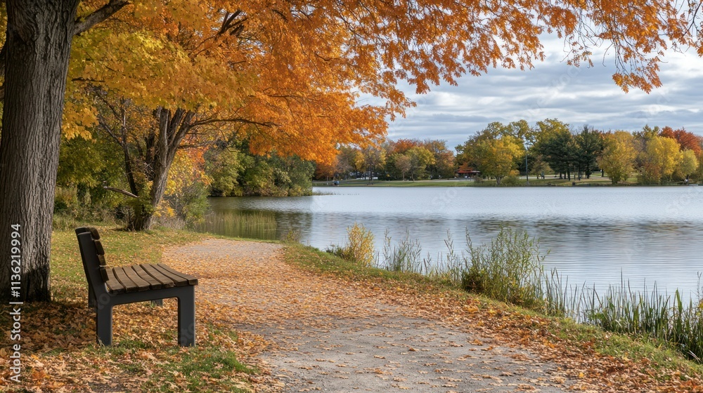 A serene path through an autumn park, lined with trees full of orange leaves, leading to an inviting wooden bench overlooking a calm lake. A serene path through an autumn park, lined with trees full of orange leaves, leading to an inviting wooden bench overlooking a calm lake.