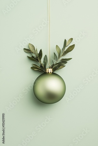 Hanging matte, Christmas, green ornament with leaves on a subtle green background. Christmas, sales vibes. 