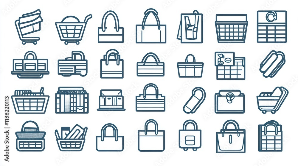 A set of 45 shopping-related icons with outlines of store signs, wallets, and loyalty cards, all designed with editable strokes A set of 45 shopping-related icons with outlines of store signs, wallets, and loyalty cards, all designed with editable strokes