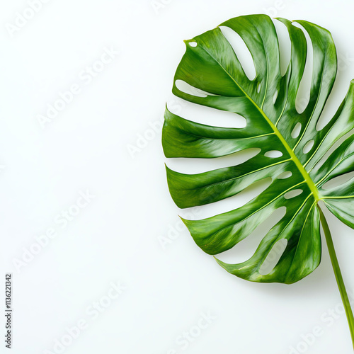 A vibrant green monstera leaf on a clean, white background, perfect for decor. photo