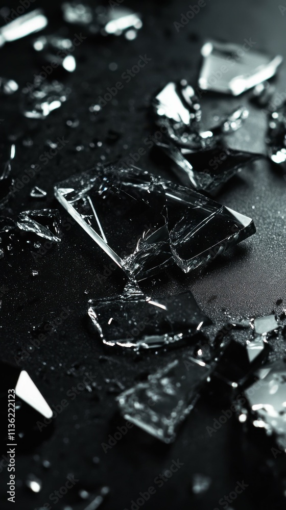 high-contrast photograph of glass pieces scattered on dark surface, detailed and clean artistic composition, modern and sleek focus