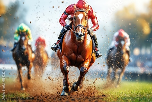 Intense horse racing action with vibrant colors and dynamic movement at a sunny outdoor track photo