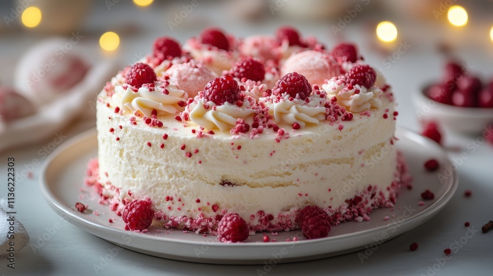 Delightful Raspberry Cream Cake with Tasty Toppings Surrounded by Soft Lights and Elegant Decor for Celebrations and Joyful Occasions Delightful Raspberry Cream Cake with Tasty Toppings Surrounded by Soft Lights and Elegant Decor for Celebrations and Joyful Occasions