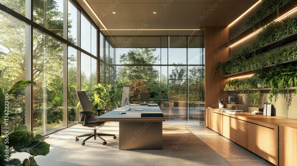 modern home office with large windows and greenery, clean and inspiring, focus on natural light and productivity modern home office with large windows and greenery, clean and inspiring, focus on natural light and productivity