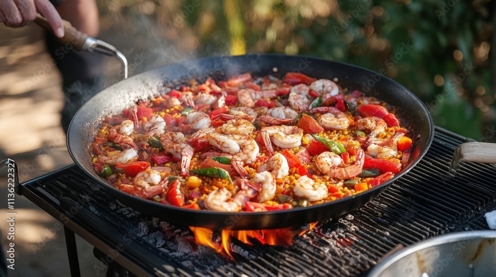 Delicious Shrimp Paella Cooking Outdoors On A Grill Delicious Shrimp Paella Cooking Outdoors On A Grill