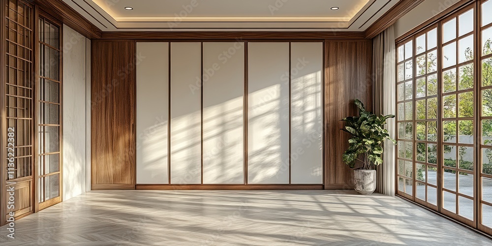 Obraz premium Sunlit minimalist room with wooden walls, large windows, and hardwood floor.