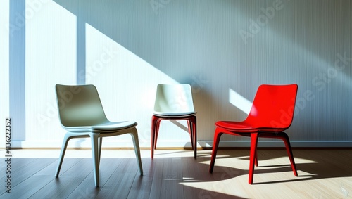 Modern office interior, vibrant red chairs, sleek white table, minimalist design, sunlight casting shadows, polished floor, contemporary workspace, bright and airy, geometric furniture, corporate meet