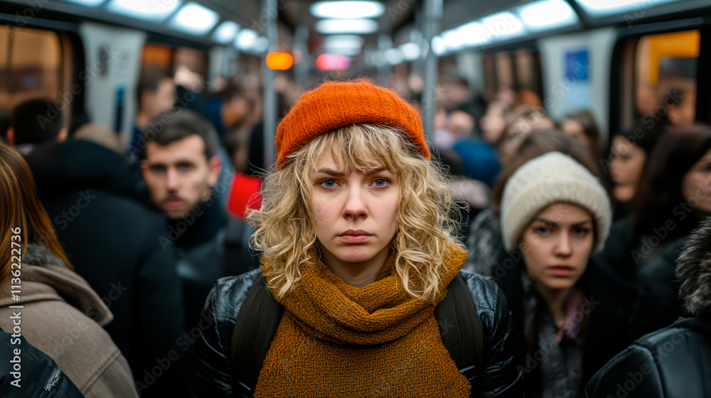 Obraz premium Sad, depressed, overworked young woman in subway
