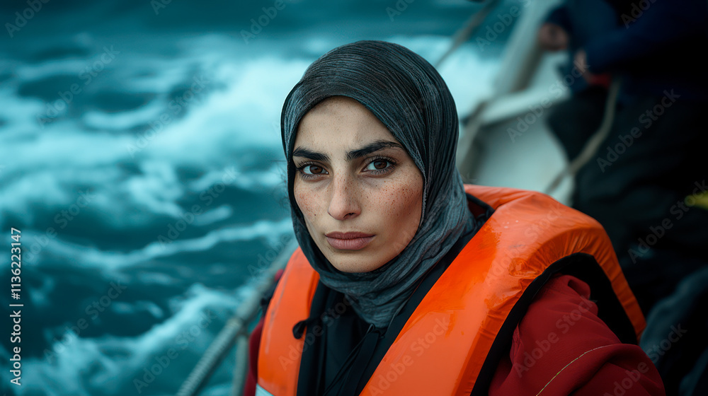 Poor Afghan refugee woman in boat on her way to seeking asylum Poor Afghan refugee woman in boat on her way to seeking asylum