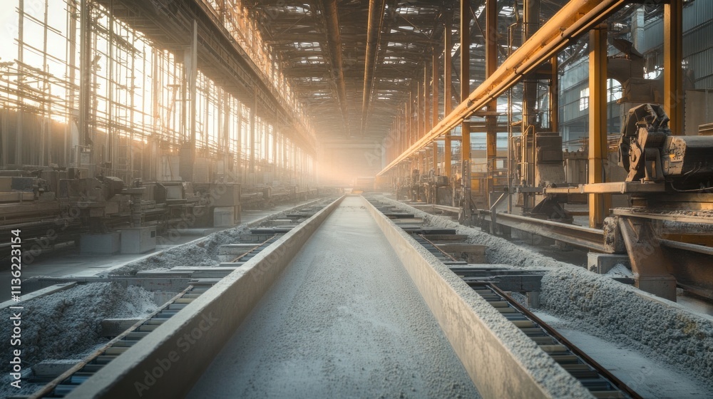 Concrete slabs being produced on automated conveyor systems in a large-scale manufacturing plant. Concrete slabs being produced on automated conveyor systems in a large-scale manufacturing plant.