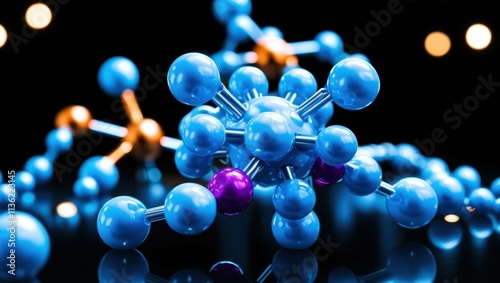 abstract molecular structure, vibrant glowing spheres, blue and orange orbs, interconnected atoms, dynamic 3D rendering, scientific visualization, neon colors, dark background, high contrast, microsco photo