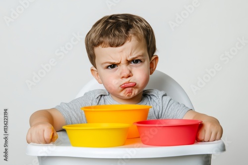 Child on high chair with displeased expression eating from colorful silicone dishes photo