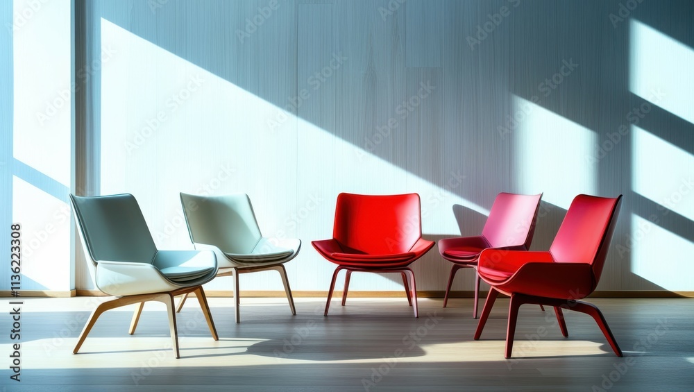Fototapeta premium Modern office interior, vibrant red chairs, sleek white table, minimalist design, sunlight casting shadows, polished floor, contemporary workspace, bright and airy, geometric furniture, corporate meet