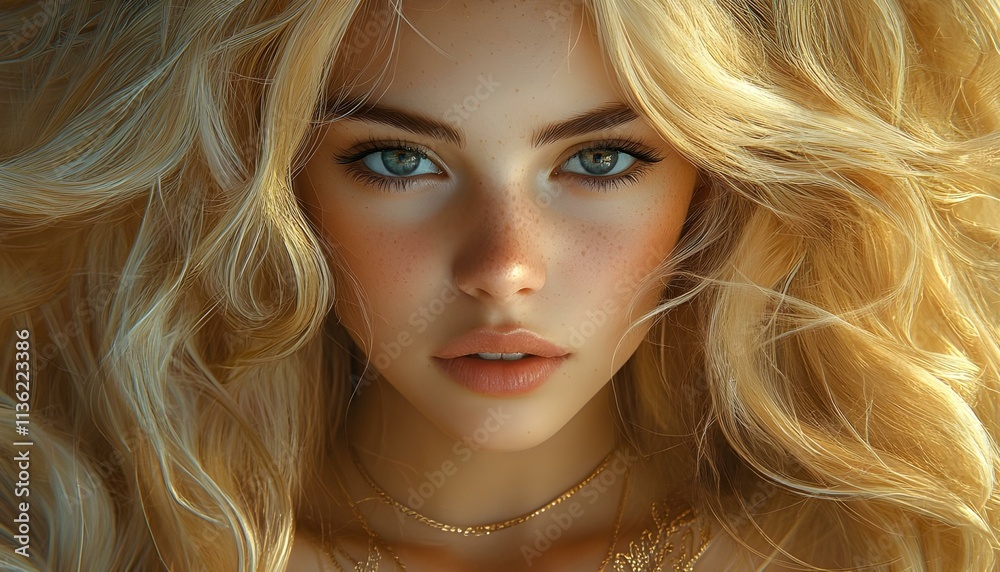 A close-up portrait of a young woman with striking blue eyes and flowing, golden blonde hair that frames her face in a windblown, ethereal manner