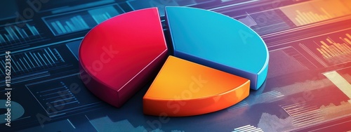 Diagramme circulaire d'analyses de données financières et commerciales sur fond coloré, concept de marchés boursiers ou de ventes de produits. photo