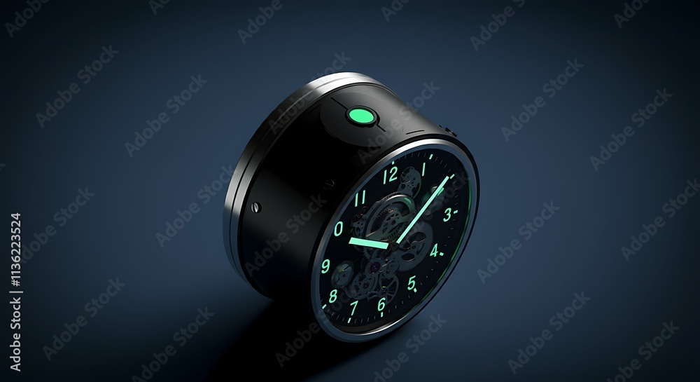 A high-tech black and silver mechanical clock with glowing green numbers, minimalistic style. A high-tech black and silver mechanical clock with glowing green numbers, minimalistic style.