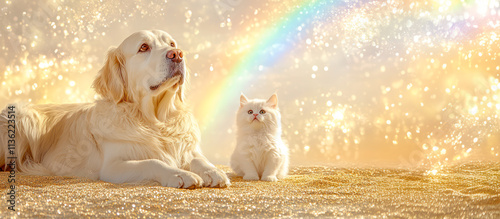 Cat, dog and rainbow - symbol of pets passing away and going to heaven, copy space