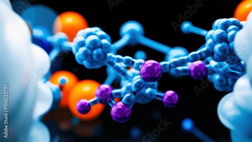 abstract molecular structure, vibrant glowing spheres, blue and orange orbs, interconnected atoms, dynamic 3D rendering, scientific visualization, neon colors, dark background, high contrast, microsco photo