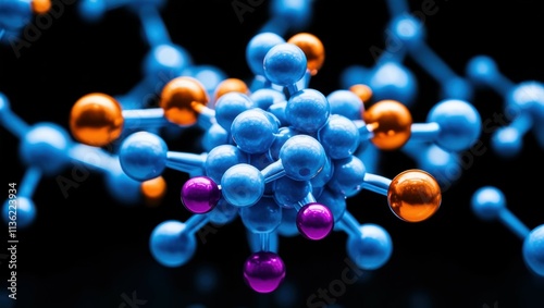 abstract molecular structure, vibrant glowing spheres, blue and orange orbs, interconnected atoms, dynamic 3D rendering, scientific visualization, neon colors, dark background, high contrast, microsco photo