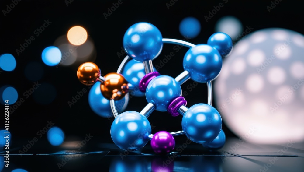 abstract molecular structure, vibrant glowing spheres, blue and orange orbs, interconnected atoms, dynamic 3D rendering, scientific visualization, neon colors, dark background, high contrast, microsco abstract molecular structure, vibrant glowing spheres, blue and orange orbs, interconnected atoms, dynamic 3D rendering, scientific visualization, neon colors, dark background, high contrast, microsco