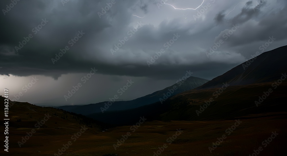 A dark mountain landscape under an overcast sky, faintly illuminated by distant lightning. A dark mountain landscape under an overcast sky, faintly illuminated by distant lightning.