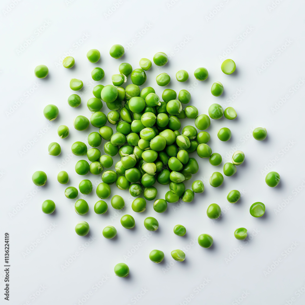 Fresh green peas scattered on a white background, showcasing vibrant color and texture. Fresh green peas scattered on a white background, showcasing vibrant color and texture.