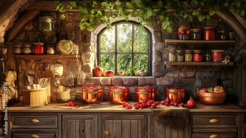 Rustic Kitchen With Copper Pots And Preserved Fruits