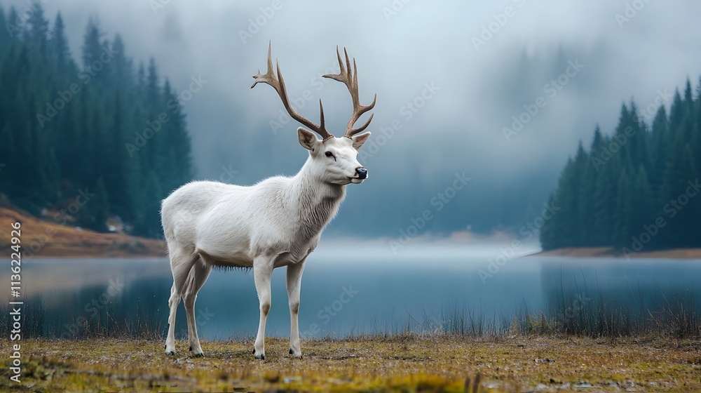 Obraz premium A majestic white deer with perfect antlers, with beautiful lake and mountain views