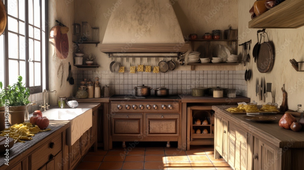 Rustic Italian Kitchen Interior Design Showing Cooking Preparation Rustic Italian Kitchen Interior Design Showing Cooking Preparation