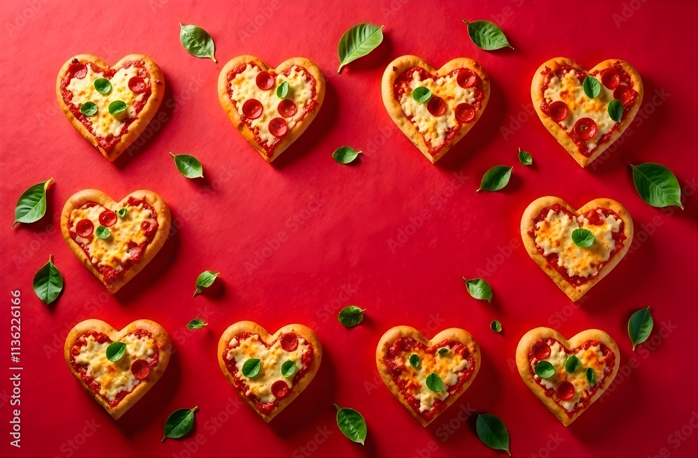 Fototapeta premium Mini pizzas in the shape of a heart on a red background with a place for text. Creative pizzas for Valentine's Day