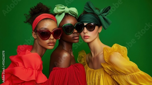 Three fashion models posing in red, green, and yellow dresses, wearing sunglasses and Balenciaga headbands, set against a vibrant green background. photo