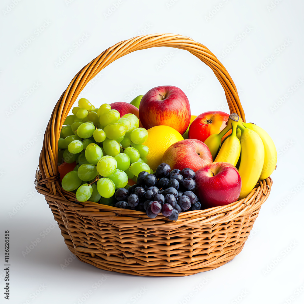 A vibrant fruit basket filled with apples, bananas, grapes, and citrus fruits. A vibrant fruit basket filled with apples, bananas, grapes, and citrus fruits.