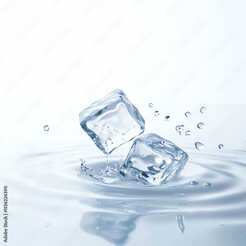 Two ice cubes splashing into clear water, creating captivating ripples and droplets. Two ice cubes splashing into clear water, creating captivating ripples and droplets.
