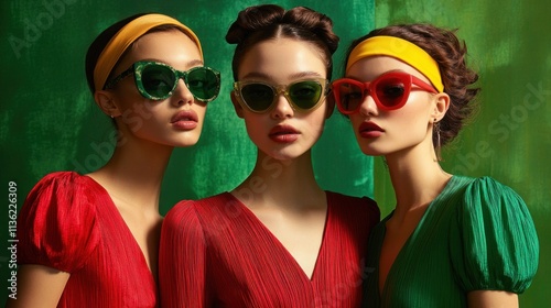 Three fashion models sporting red, green, and yellow dresses, accessorized with sunglasses and Balenciaga headbands, against a green-themed background. photo