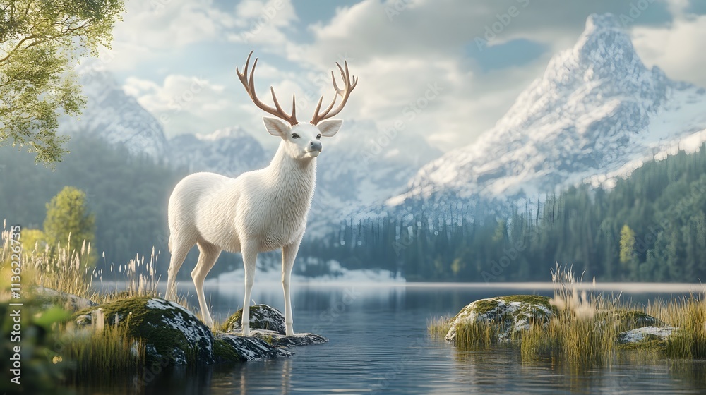 Obraz premium A majestic white deer with perfect antlers, with beautiful lake and mountain views