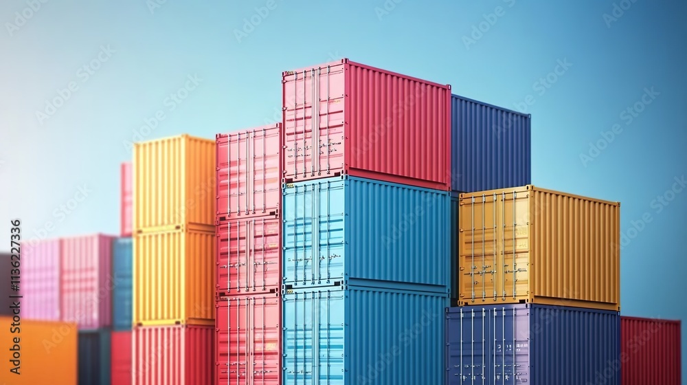 Stacked shipping containers in various colors, representing global trade and connectivity. Stacked shipping containers in various colors, representing global trade and connectivity.