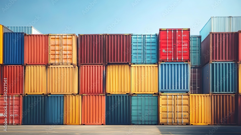 Stacked shipping containers in various colors, representing global trade and connectivity. Stacked shipping containers in various colors, representing global trade and connectivity.