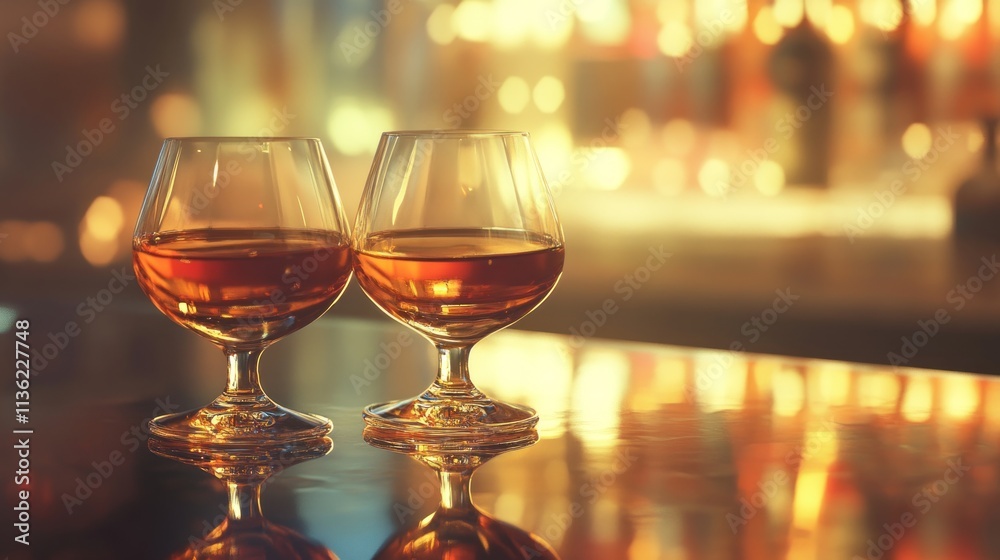 Two glasses of brandy on a reflective bar counter, the amber liquid shining under the ambient lighting. Two glasses of brandy on a reflective bar counter, the amber liquid shining under the ambient lighting.